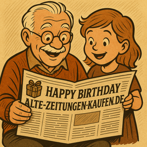 Comicstil-Zeichnung eines älteren Mannes mit Brille und weißem Haar, der zusammen mit seiner Enkelin eine alte Geburtstagszeitung liest. Auf der Zeitung steht 'ALTE-ZEITUNGEN-KAUFEN.DE'.